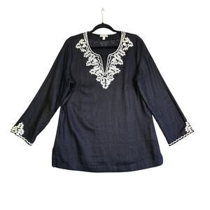 Madison Women Split Neck Embroidered Tunic Top Size Large Black White 100% Linen